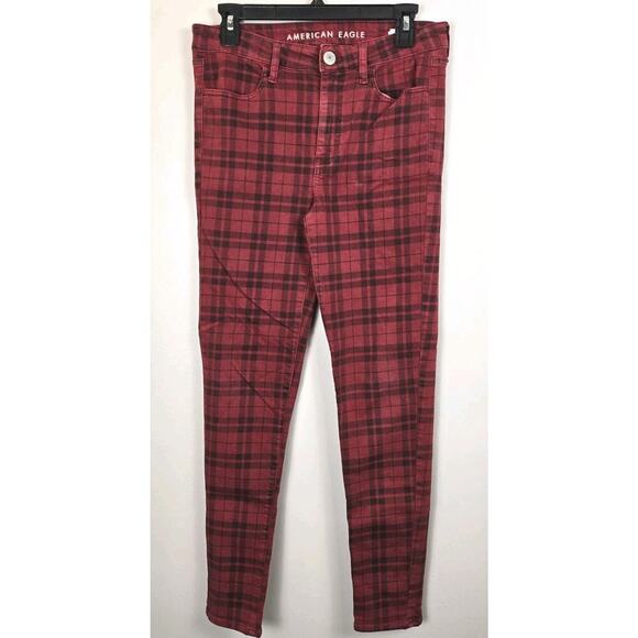 AMERICAN EAGLE - WOMEN'S RED PLAID HI-RISE JEGGING SKINNY JEANS SIZE 8 Reg #3470 - Picture 1 of 7